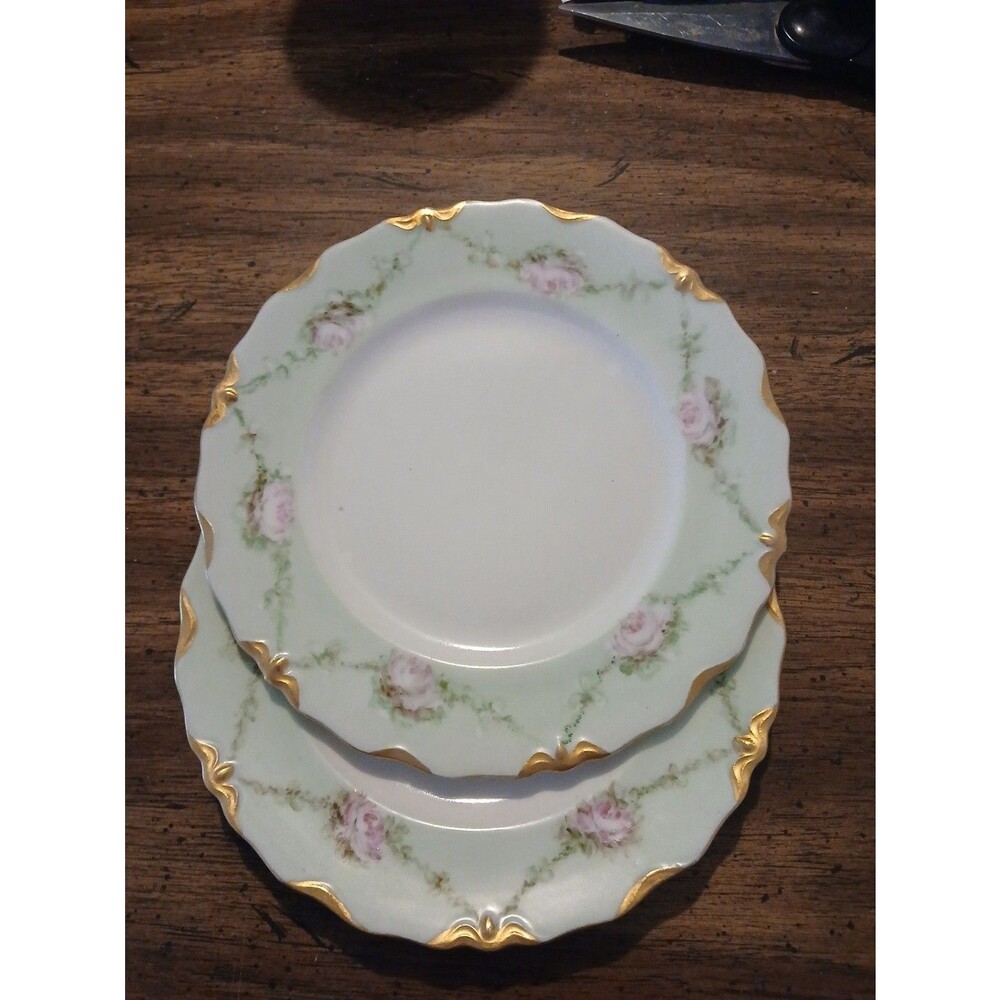 Vintage Pirkenhammer Tea Saucers Set Of Two Ramblin Rose White W/ Green Pink...